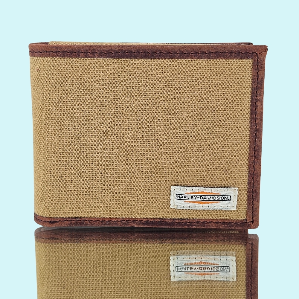 Harley Davidson Wallet Cotton Canvas Bifold Khaki Leather Trim RFID Protection